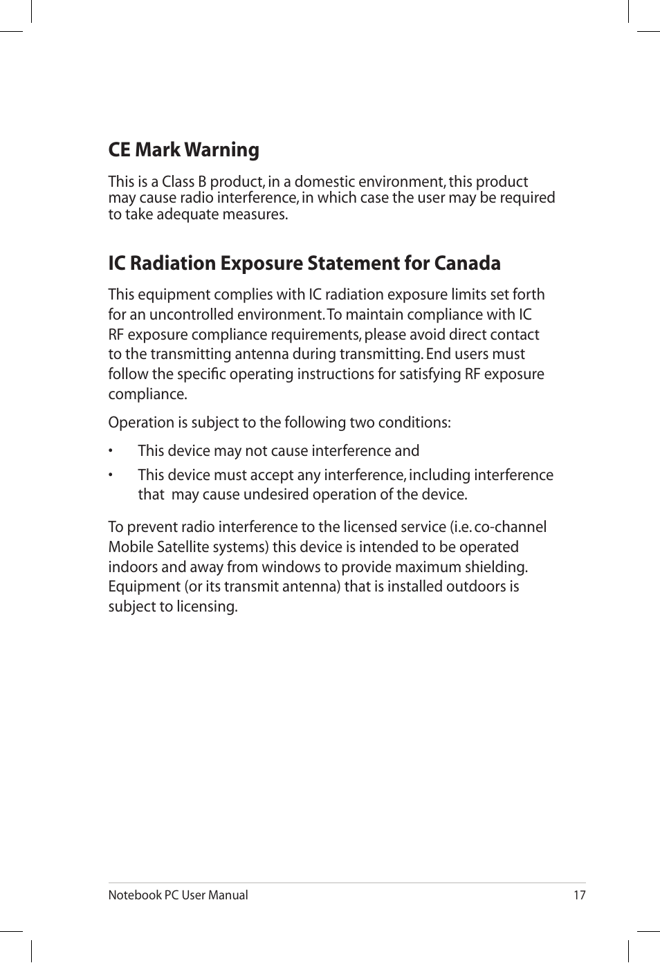 Ce mark warning, Ic radiation exposure statement for canada | Asus UL50VT User Manual | Page 17 / 24