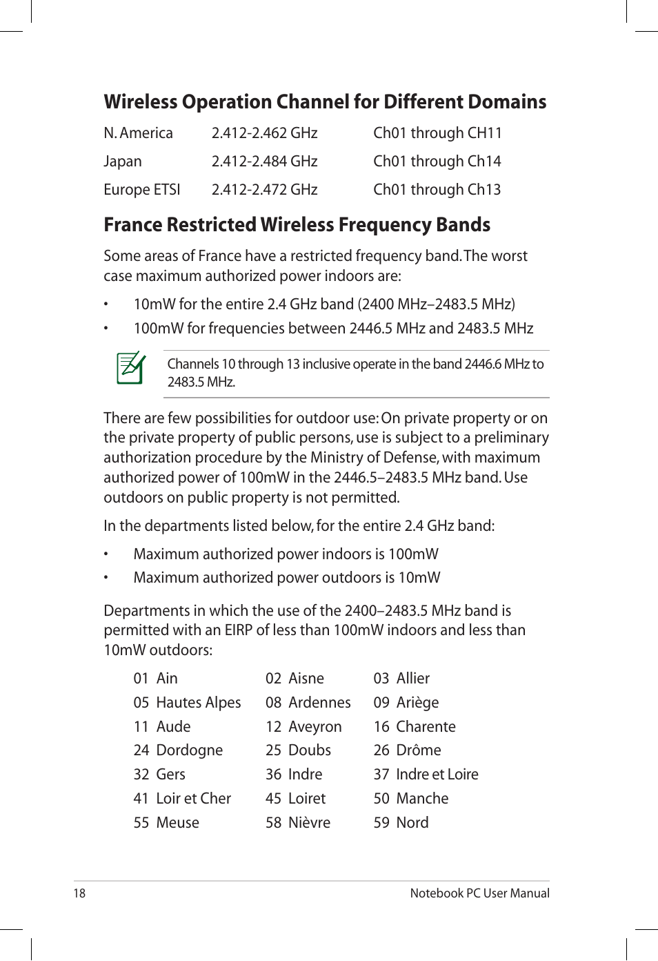 Wireless operation channel for different domains, France restricted wireless frequency bands | Asus UL50VT User Manual | Page 18 / 24