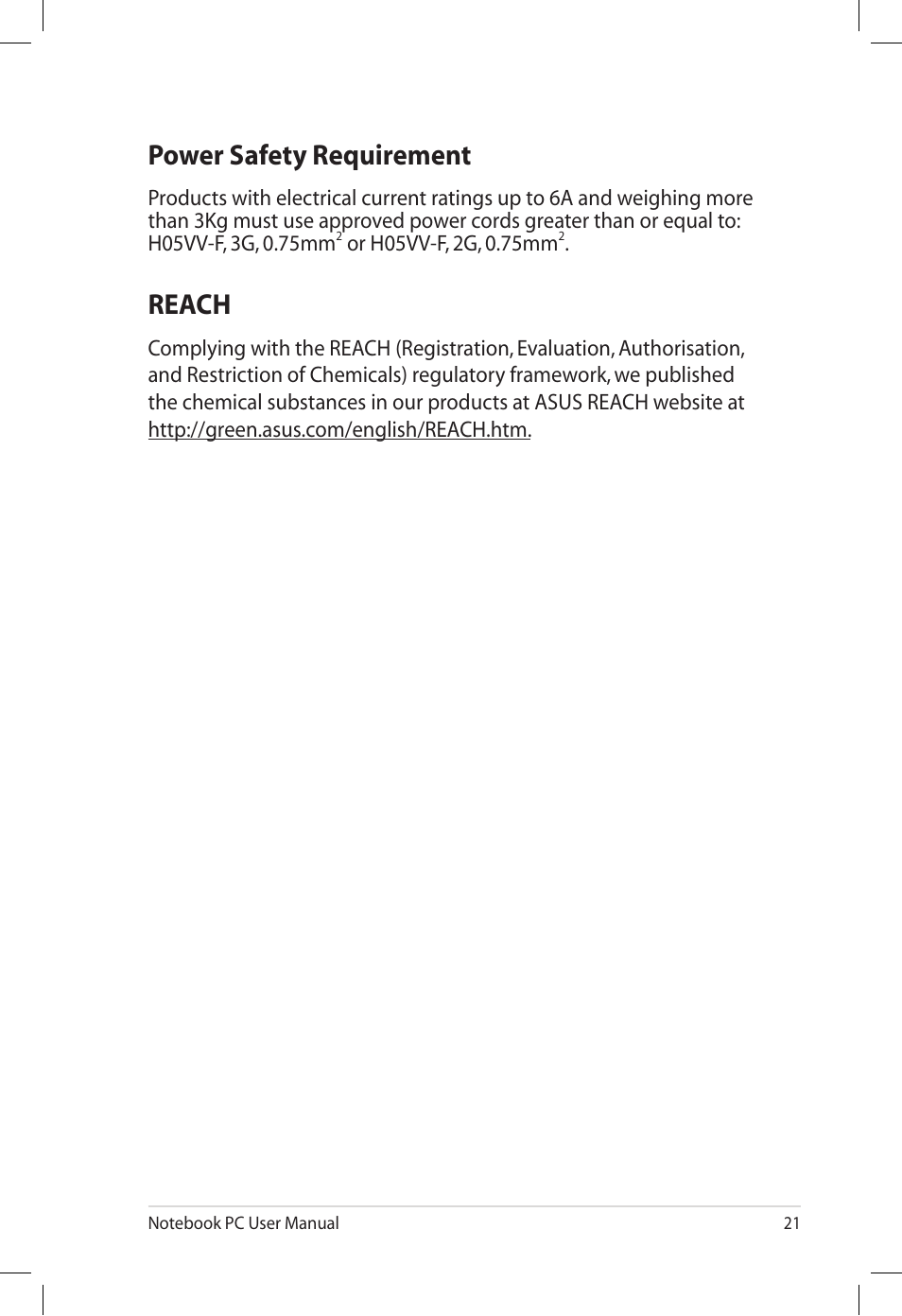 Power safety requirement, Reach, Power safety requirement reach | Asus UL50VT User Manual | Page 21 / 24