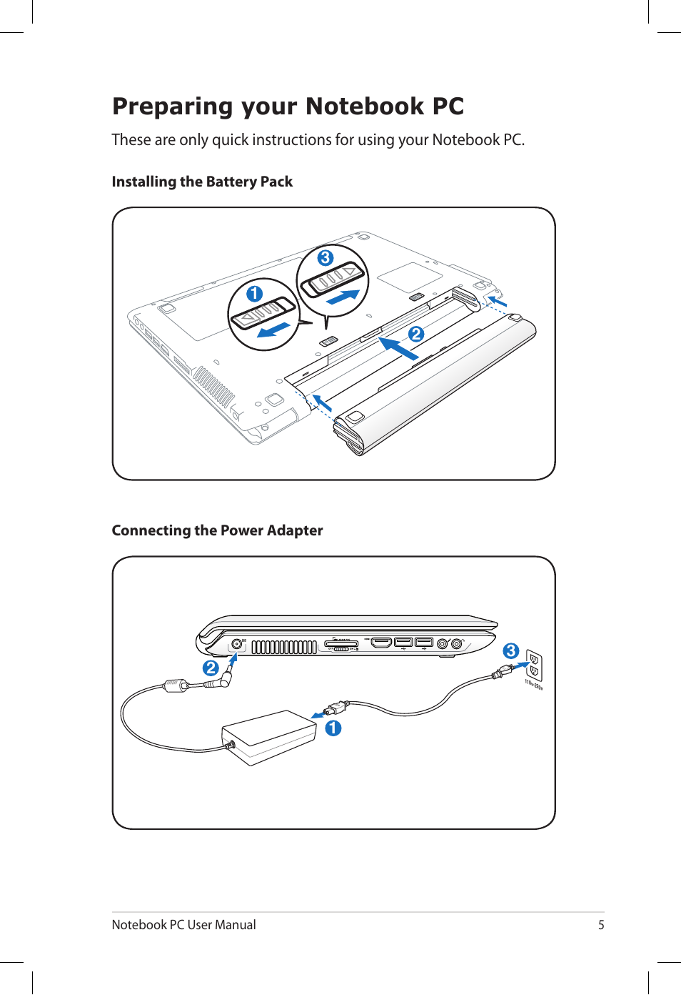 Preparing your notebook pc | Asus UL50VT User Manual | Page 5 / 24