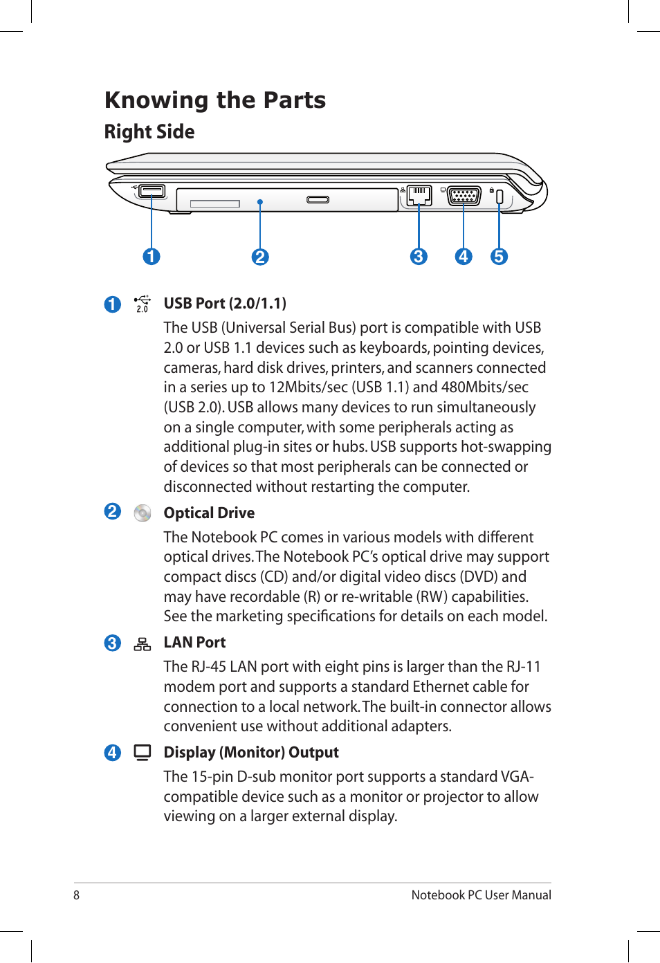 Knowing the parts, Right side | Asus UL50VT User Manual | Page 8 / 24