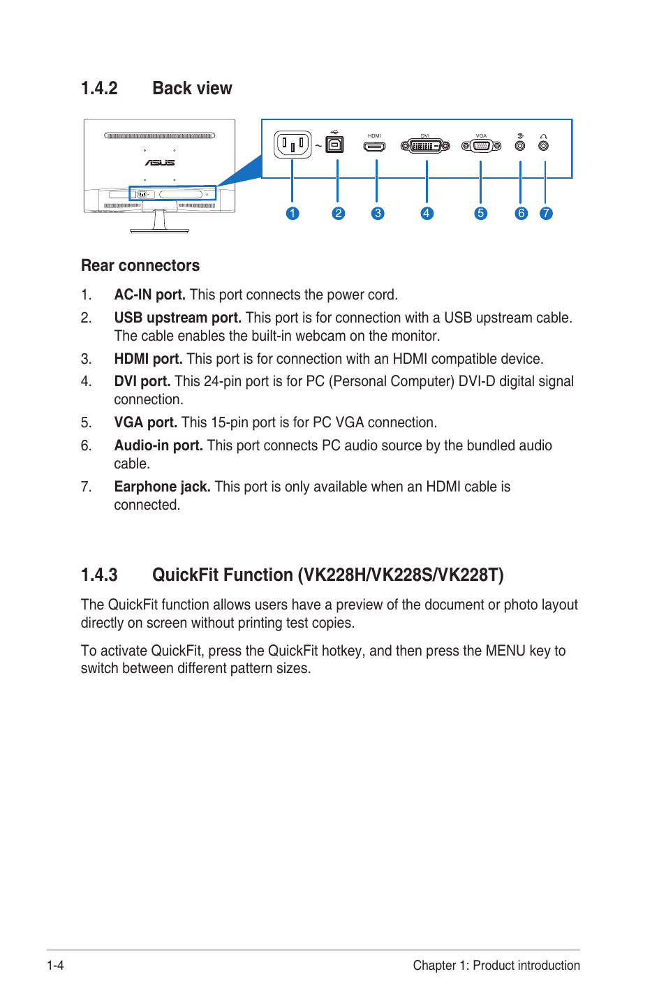 2 back view, 3 quickfit function, Back view -4 | Quickfit function (vk228h/vk228s/vk228t) -4, Back.view, Rear.connectors | Asus VS229HA User Manual | Page 12 / 27