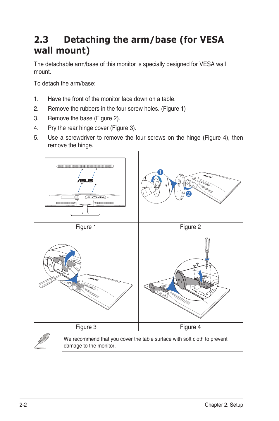 3 detaching the arm/base (for vesa wall mount), Detaching.the.arm/base.(for.vesa.wall.mount) -2 | Asus VS229HA User Manual | Page 16 / 27