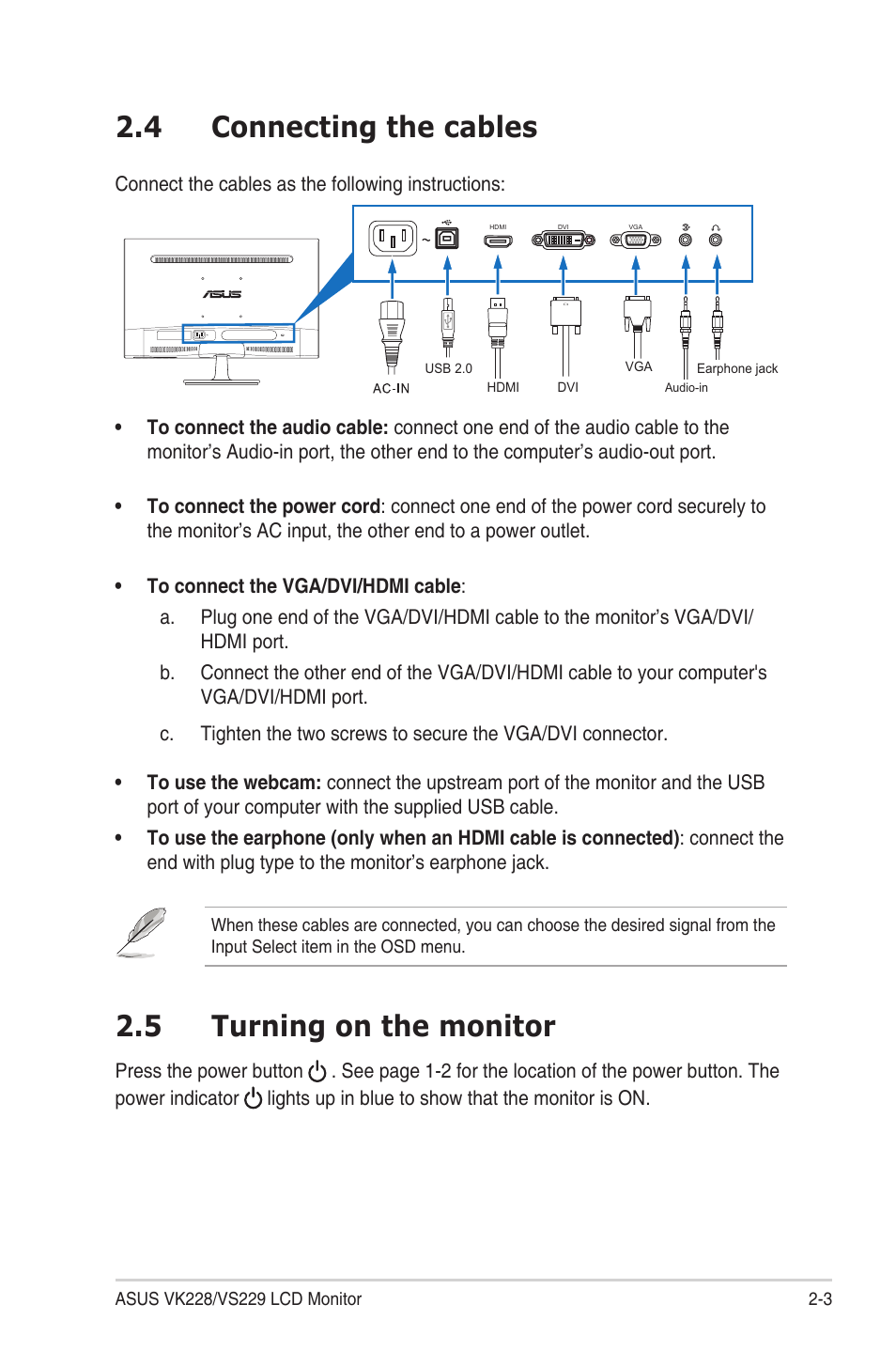 4 connecting the cables, 5 turning on the monitor, Connecting.the.cables -3 | Turning.on.the.monitor -3 | Asus VS229HA User Manual | Page 17 / 27