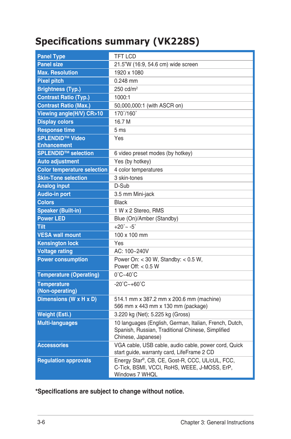 Specifications summary (vk228s), Specifications.summary.(vk228s) -6 | Asus VS229HA User Manual | Page 24 / 27