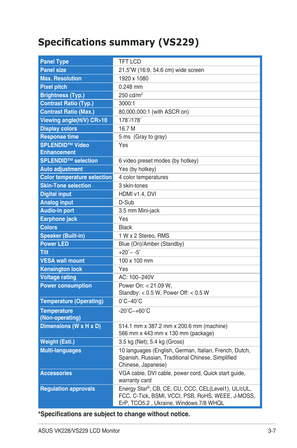 2 specifications summary (vk228h), Specifications summary (vs229), 3 troubleshooting (faq) | Specifications.summary.(vs229) -7 | Asus VS229HA User Manual | Page 25 / 27