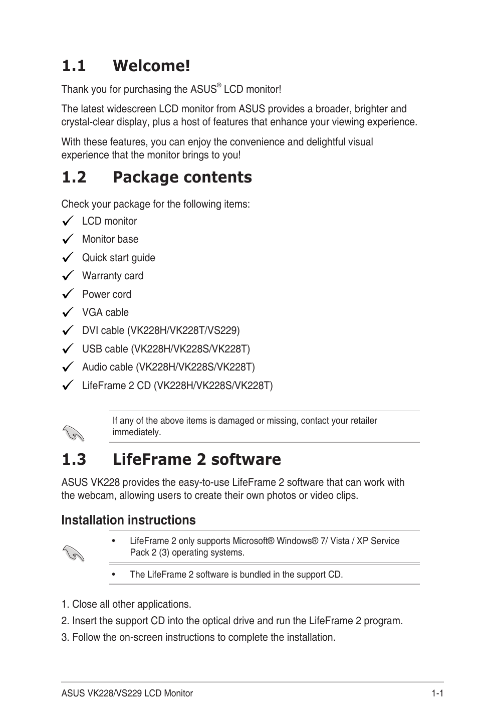 Chapter 1: product introduction, 1 welcome, 2 package contents | 3 lifeframe 2 software, Chapter.1:.....product.introduction, Welcome! -1, Package.contents -1, Installation.instructions | Asus VS229HA User Manual | Page 9 / 27