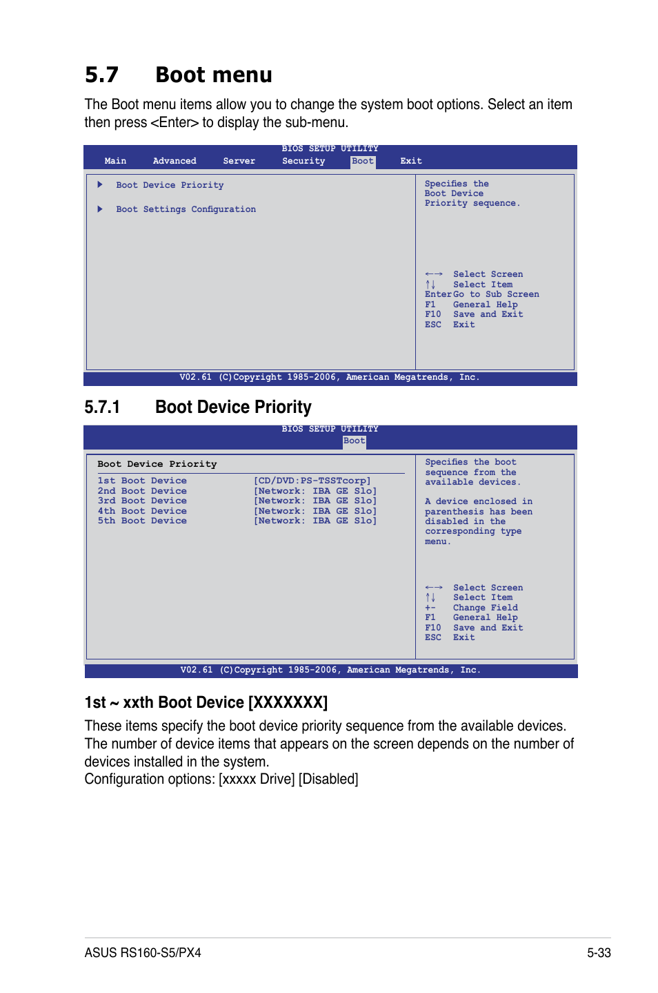 7 boot menu, 1 boot device priority, Boot menu -33 5.7.1 | Boot device priority -33 | Asus RS160-S5 User Manual | Page 101 / 144