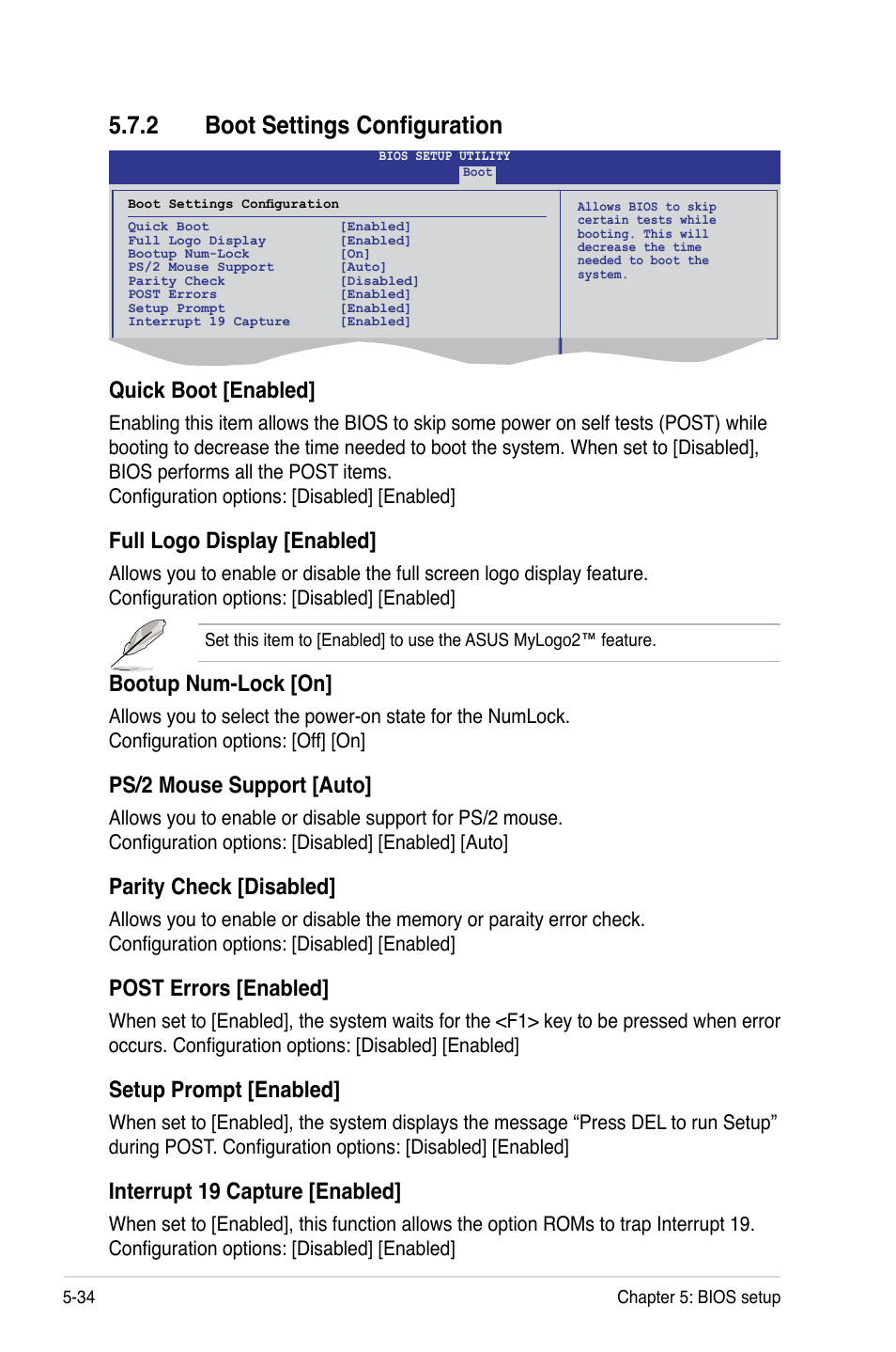 2 boot settings configuration, Boot settings configuration -34, Quick boot [enabled | Full logo display [enabled, Bootup num-lock [on, Ps/2 mouse support [auto, Parity check [disabled, Post errors [enabled, Setup prompt [enabled, Interrupt 19 capture [enabled | Asus RS160-S5 User Manual | Page 102 / 144
