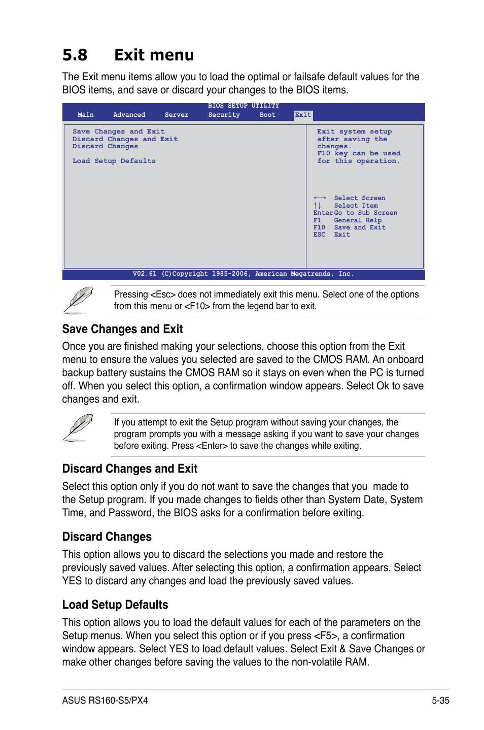 8 exit menu, Exit menu -35, Save changes and exit | Discard changes and exit, Discard changes, Load setup defaults | Asus RS160-S5 User Manual | Page 103 / 144