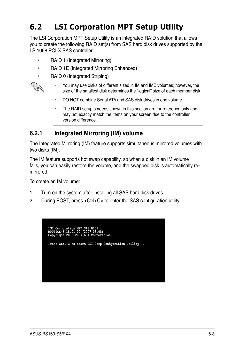 2 lsi corporation mpt setup utility, 1 integrated mirroring (im) volume, Lsi corporation mpt setup utility -3 6.2.1 | Integrated mirroring (im) volume -3 | Asus RS160-S5 User Manual | Page 107 / 144