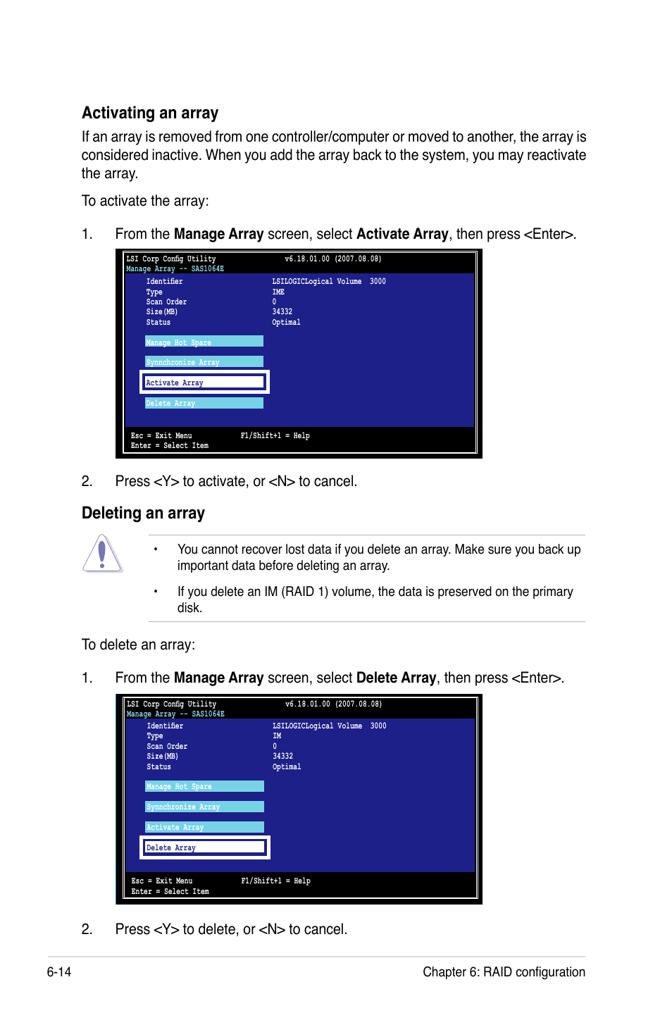 Activating an array, Deleting an array, 14 chapter 6: raid configuration | Asus RS160-S5 User Manual | Page 118 / 144