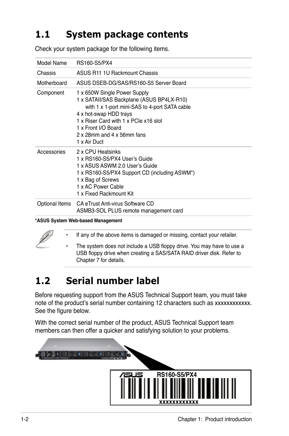 1 system package contents, 2 serial number label, System package contents -2 | Serial number label -2 | Asus RS160-S5 User Manual | Page 12 / 144