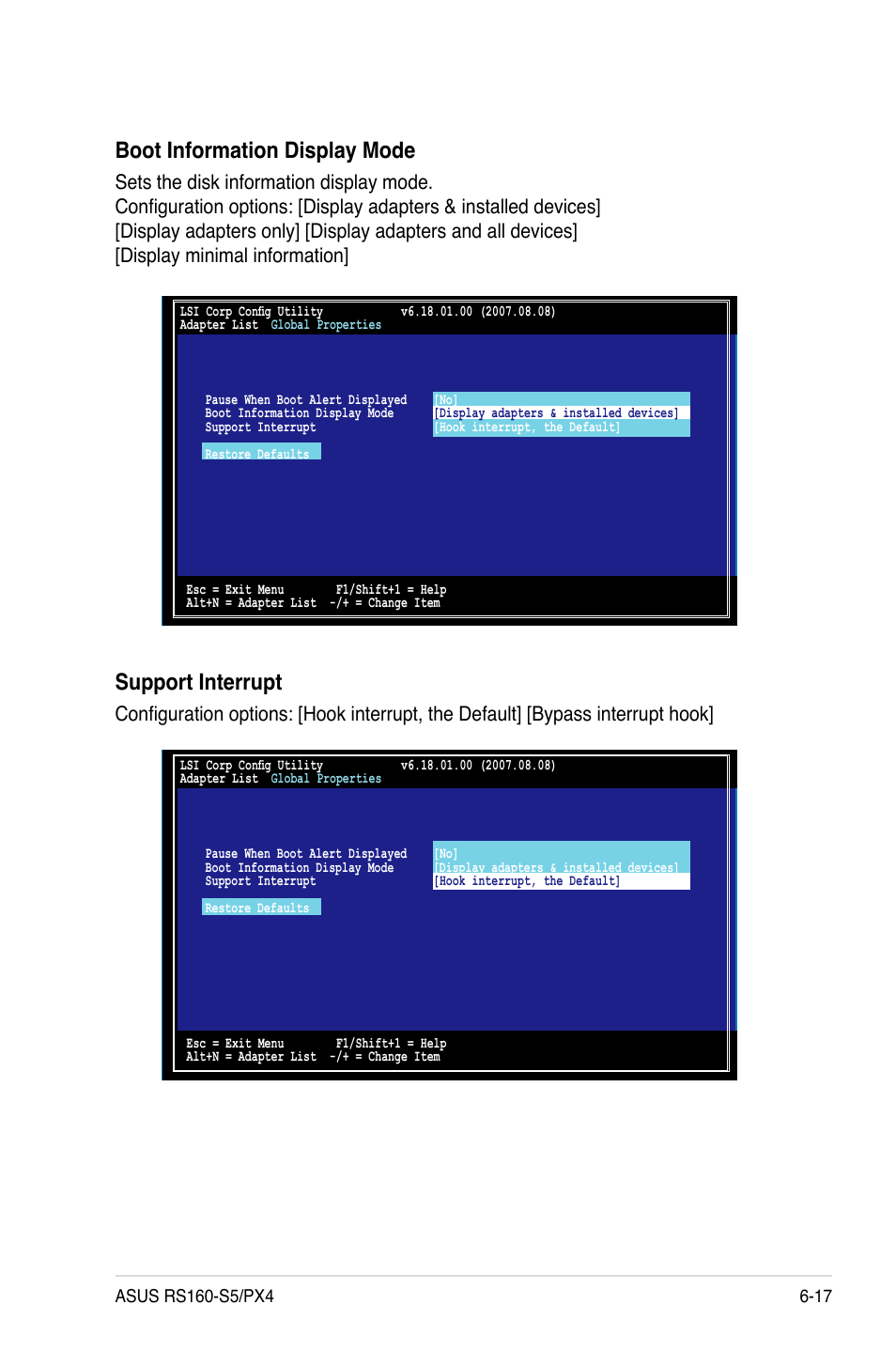 Boot information display mode, Support interrupt | Asus RS160-S5 User Manual | Page 121 / 144