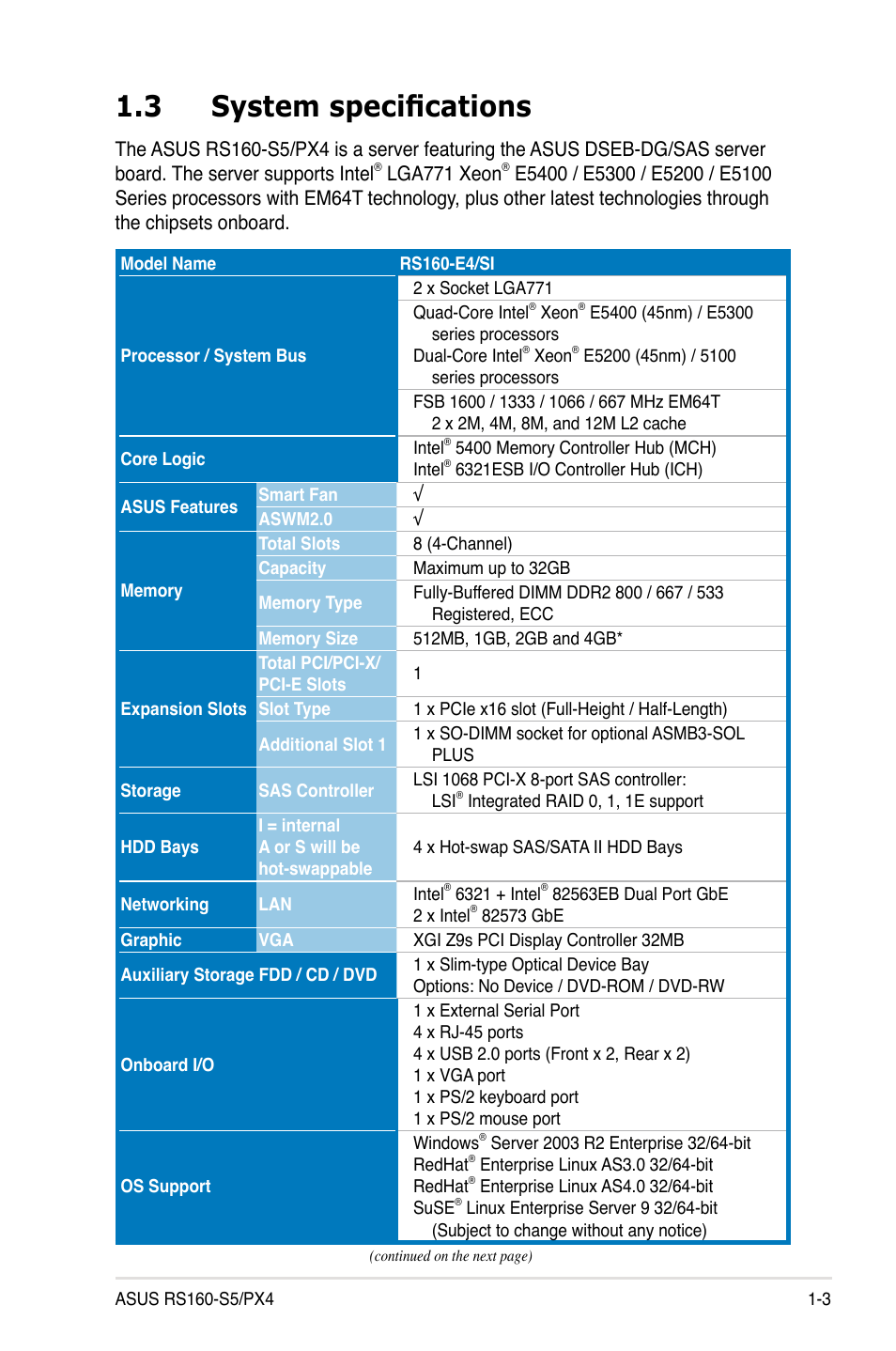 3 system specifications, System specifications -3 | Asus RS160-S5 User Manual | Page 13 / 144