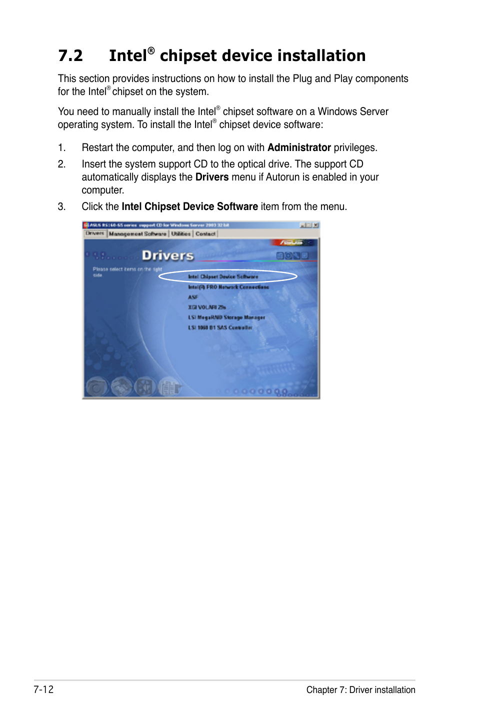 2 intel® chipset device installation, Intel, Chipset device installation -12 | 2 intel, Chipset device installation | Asus RS160-S5 User Manual | Page 134 / 144