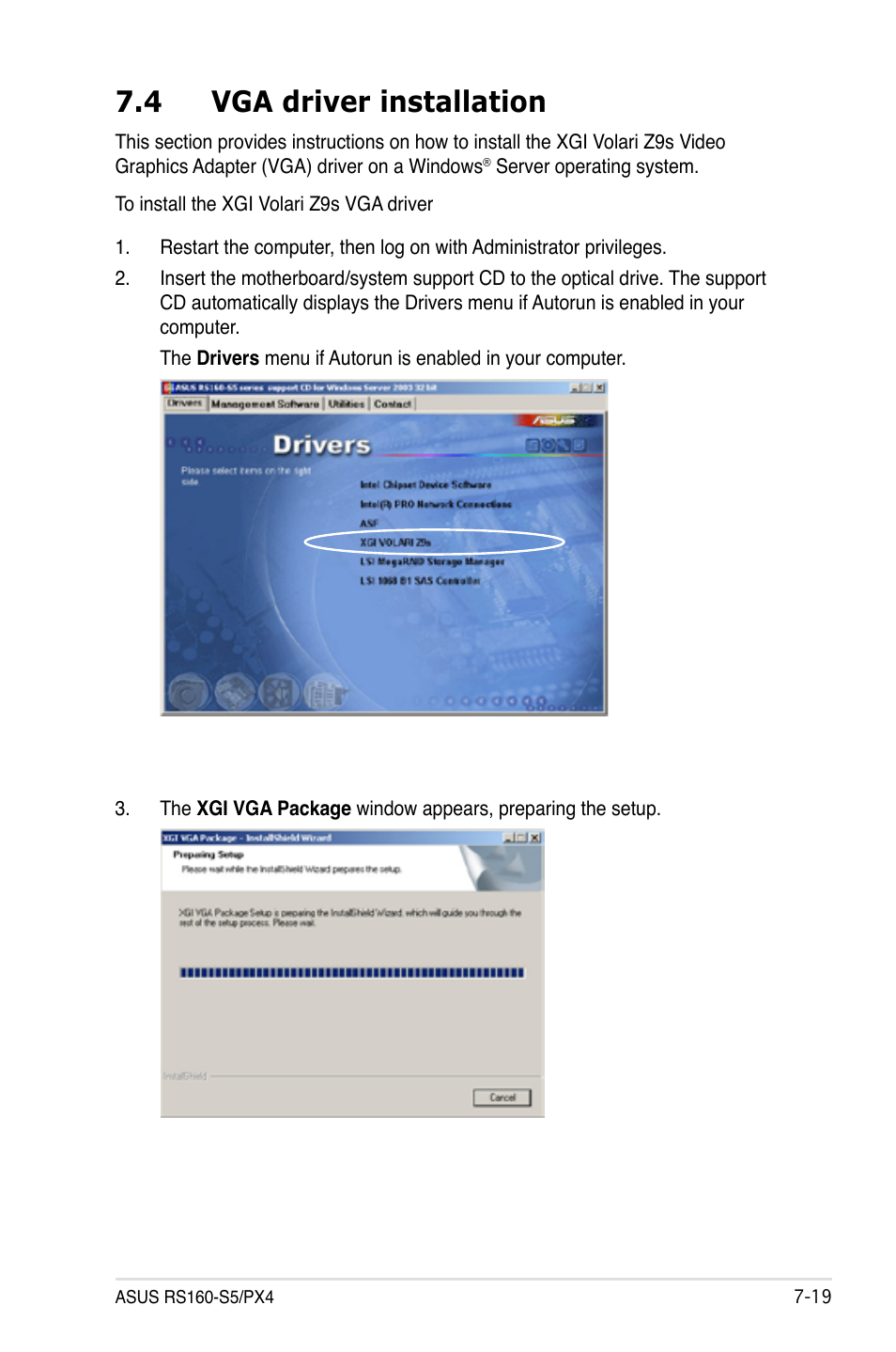 4 vga driver installation, Vga driver installation -19 | Asus RS160-S5 User Manual | Page 141 / 144