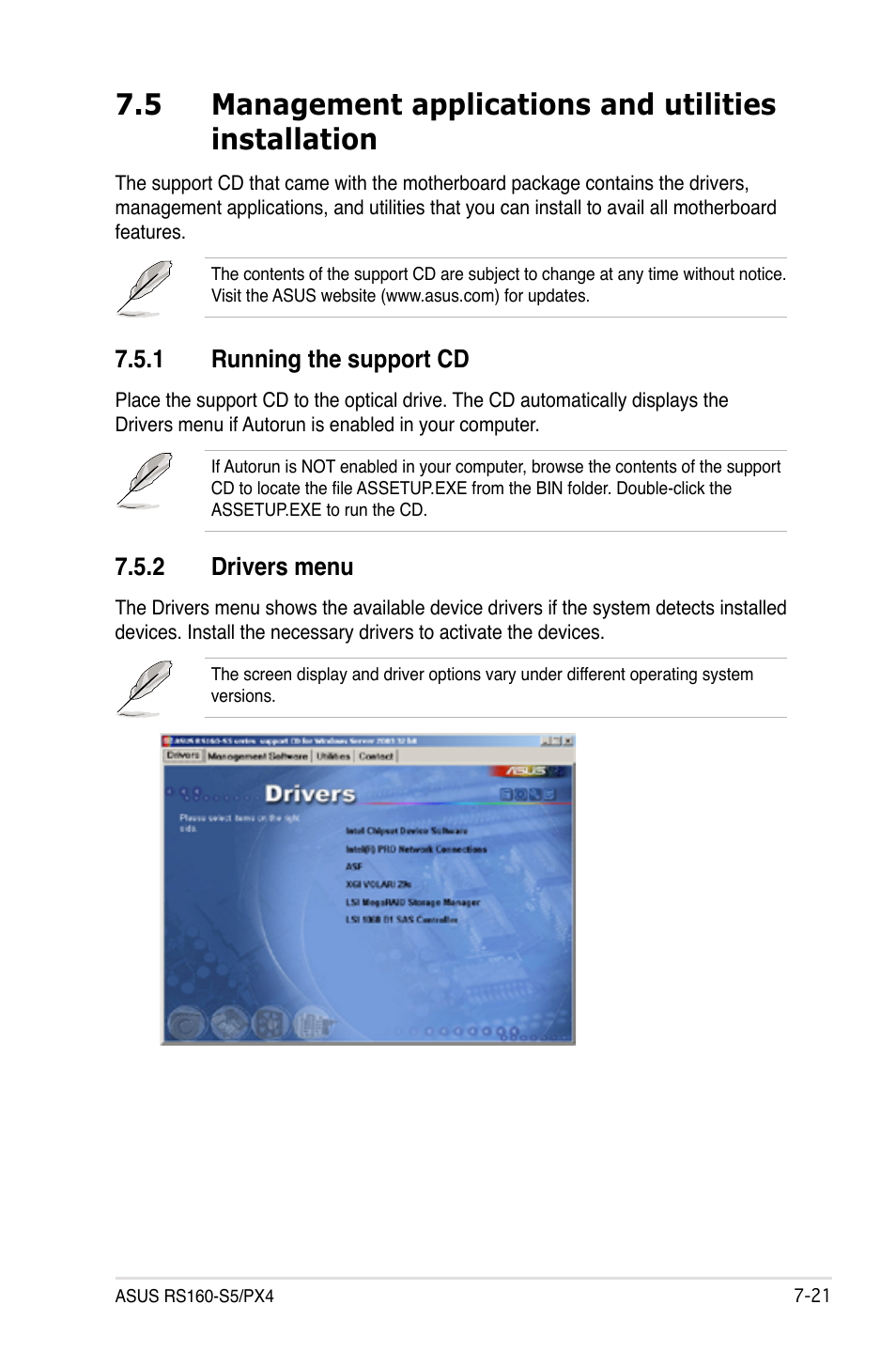 1 running the support cd, 2 drivers menu, Running the support cd -21 | Drivers menu -21 | Asus RS160-S5 User Manual | Page 143 / 144