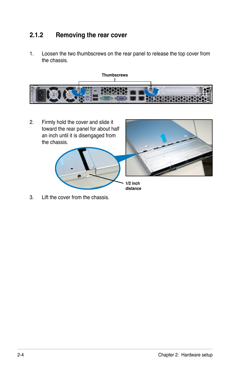 2 removing the rear cover, Removing the rear cover -4 | Asus RS160-S5 User Manual | Page 22 / 144