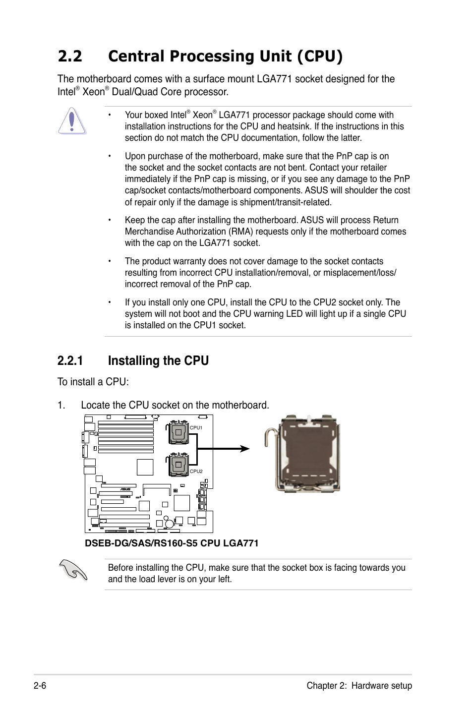 2 central processing unit (cpu), 1 installing the cpu, Central processing unit (cpu) -6 2.2.1 | Installing the cpu -6 | Asus RS160-S5 User Manual | Page 24 / 144