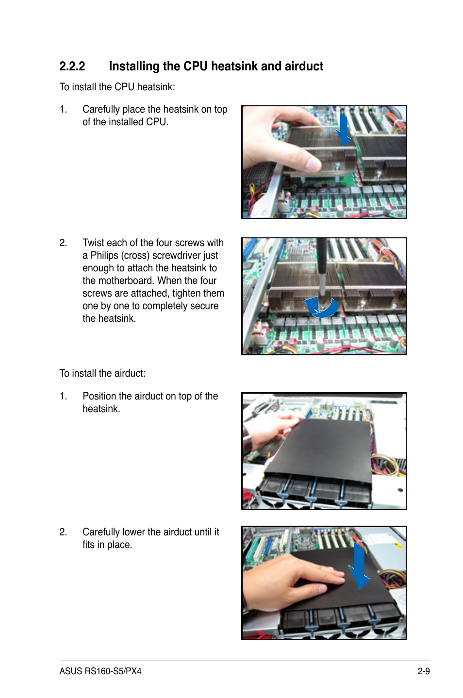 2 installing the cpu heatsink and airduct, Installing the cpu heatsink and airduct -9 | Asus RS160-S5 User Manual | Page 27 / 144