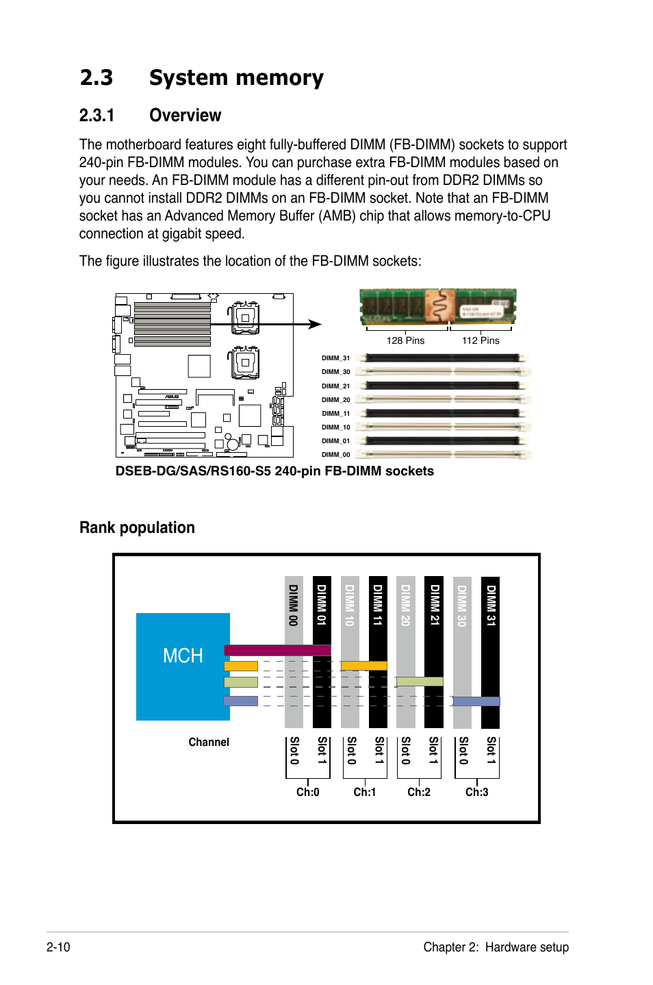 3 system memory, 1 overview, System memory -10 2.3.1 | Overview -10, Rank population | Asus RS160-S5 User Manual | Page 28 / 144