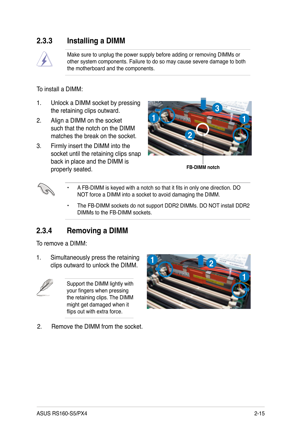 3 installing a dimm, 4 removing a dimm, Installing a dimm -15 | Removing a dimm -15 | Asus RS160-S5 User Manual | Page 33 / 144