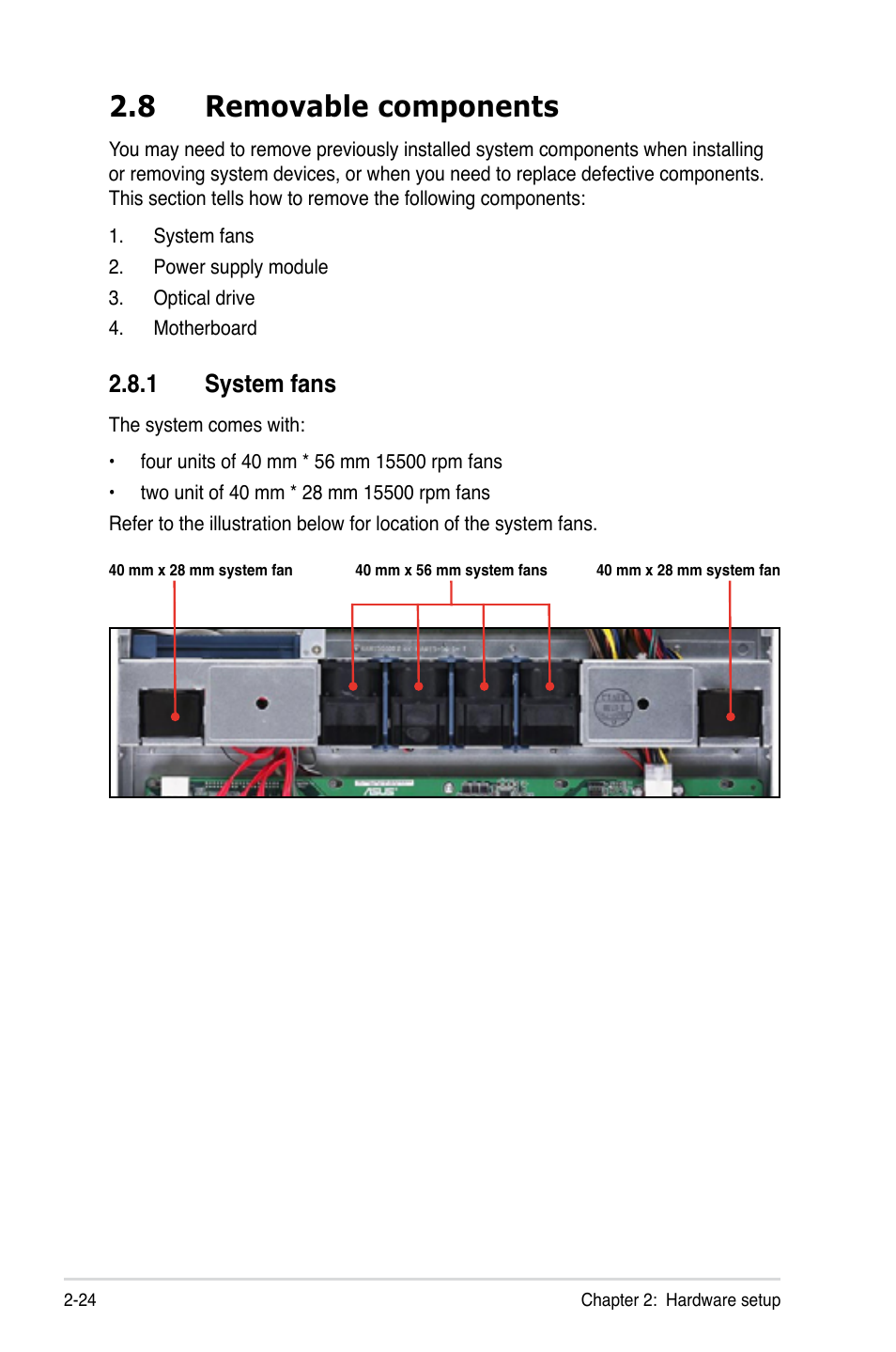 8 removable components, 1 system fans, Removable components -24 2.8.1 | System fans -24 | Asus RS160-S5 User Manual | Page 42 / 144