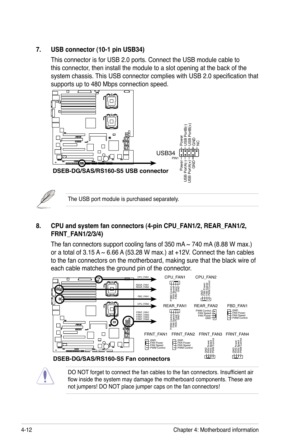 Chapter 4: motherboard information 4-12, The usb port module is purchased separately, Dseb-dg/sas/rs160-s5 fan connectors | Asus RS160-S5 User Manual | Page 64 / 144