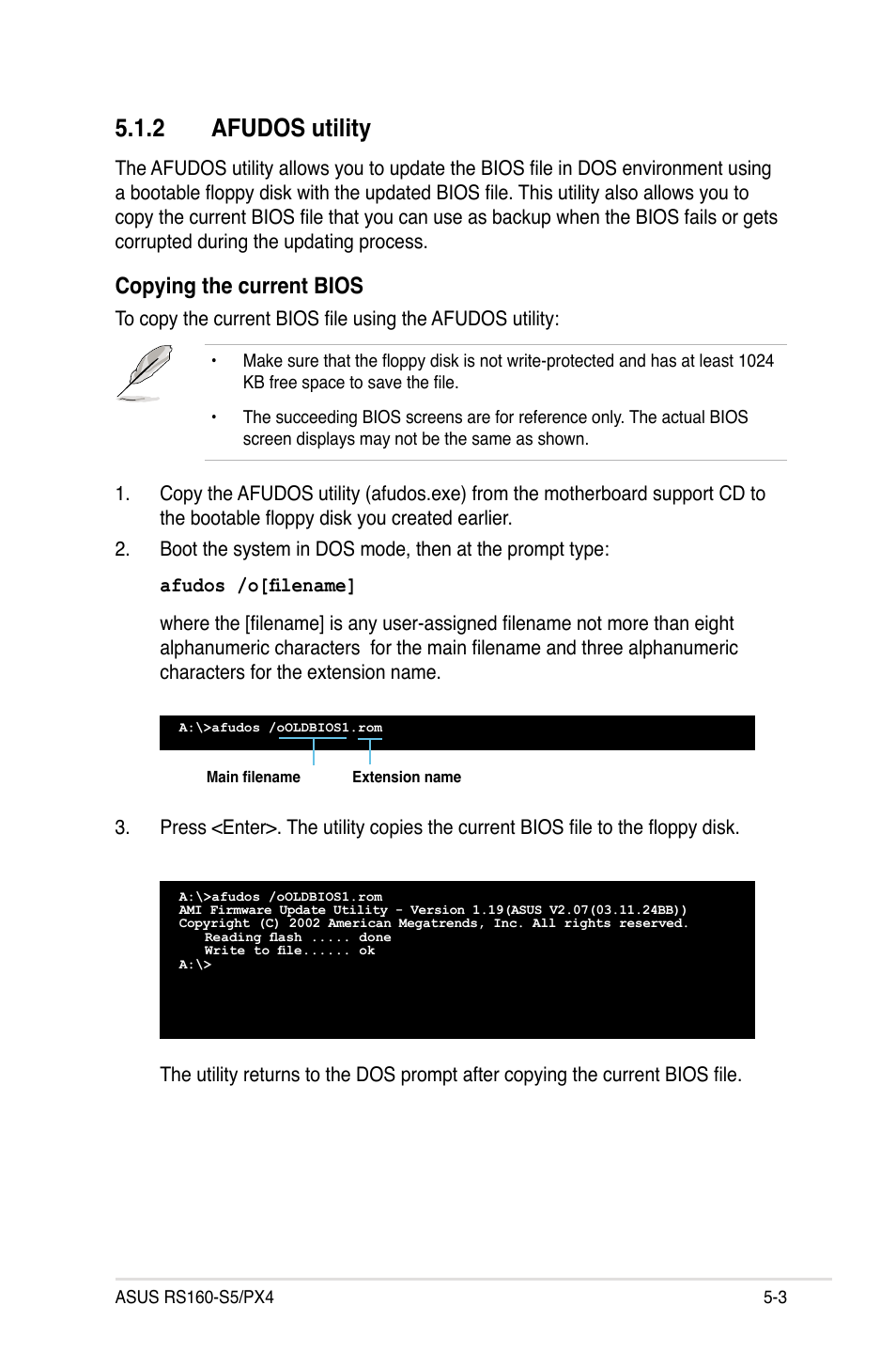 2 afudos utility, Afudos utility -3, Copying the current bios | Asus RS160-S5 User Manual | Page 71 / 144