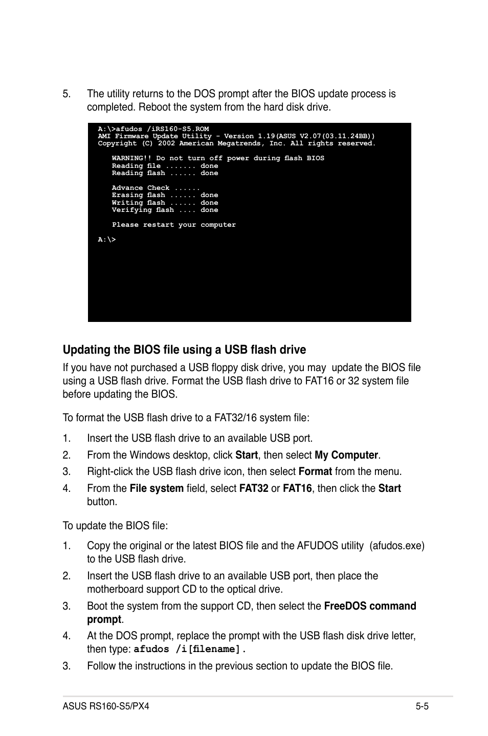 Updating the bios file using a usb flash drive | Asus RS160-S5 User Manual | Page 73 / 144