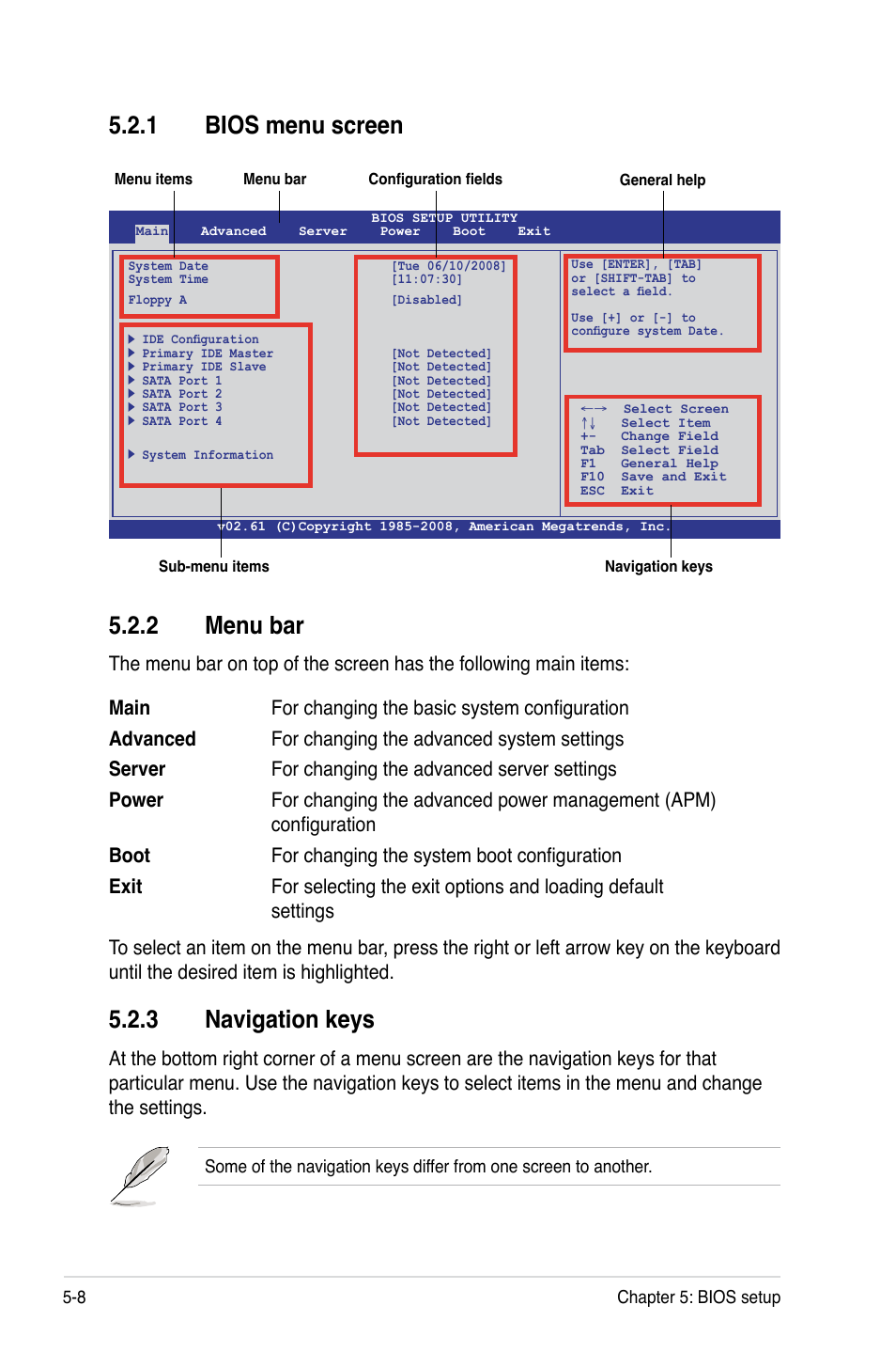 1 bios menu screen, 2 menu bar, 3 navigation keys | Bios menu screen -8, Menu bar -8, Navigation keys -8 | Asus RS160-S5 User Manual | Page 76 / 144