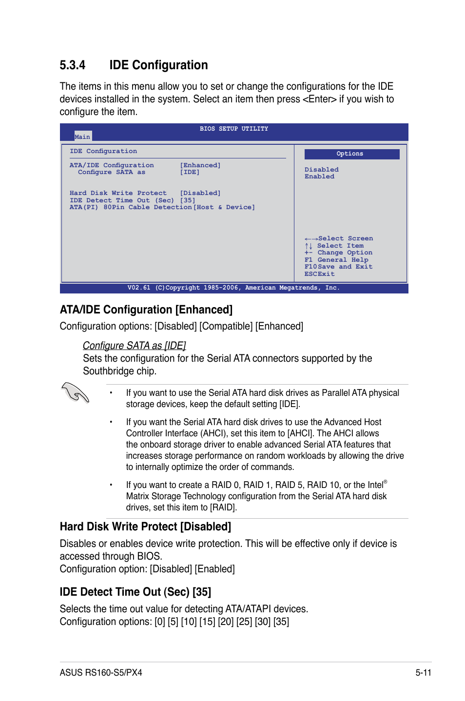 4 ide configuration, Ide configuration -11, Ata/ide configuration [enhanced | Hard disk write protect [disabled, Ide detect time out (sec) [35 | Asus RS160-S5 User Manual | Page 79 / 144