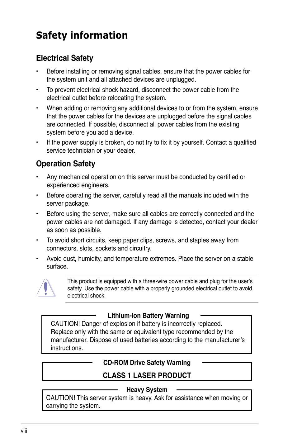 Safety information, Electrical safety, Operation safety | Asus RS160-S5 User Manual | Page 8 / 144