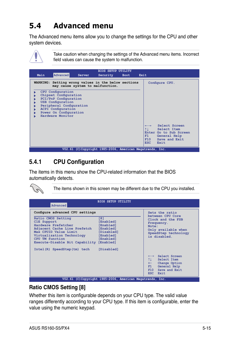 4 advanced menu, 1 cpu configuration, Advanced menu -15 5.4.1 | Cpu configuration -15, Ratio cmos setting [8 | Asus RS160-S5 User Manual | Page 83 / 144