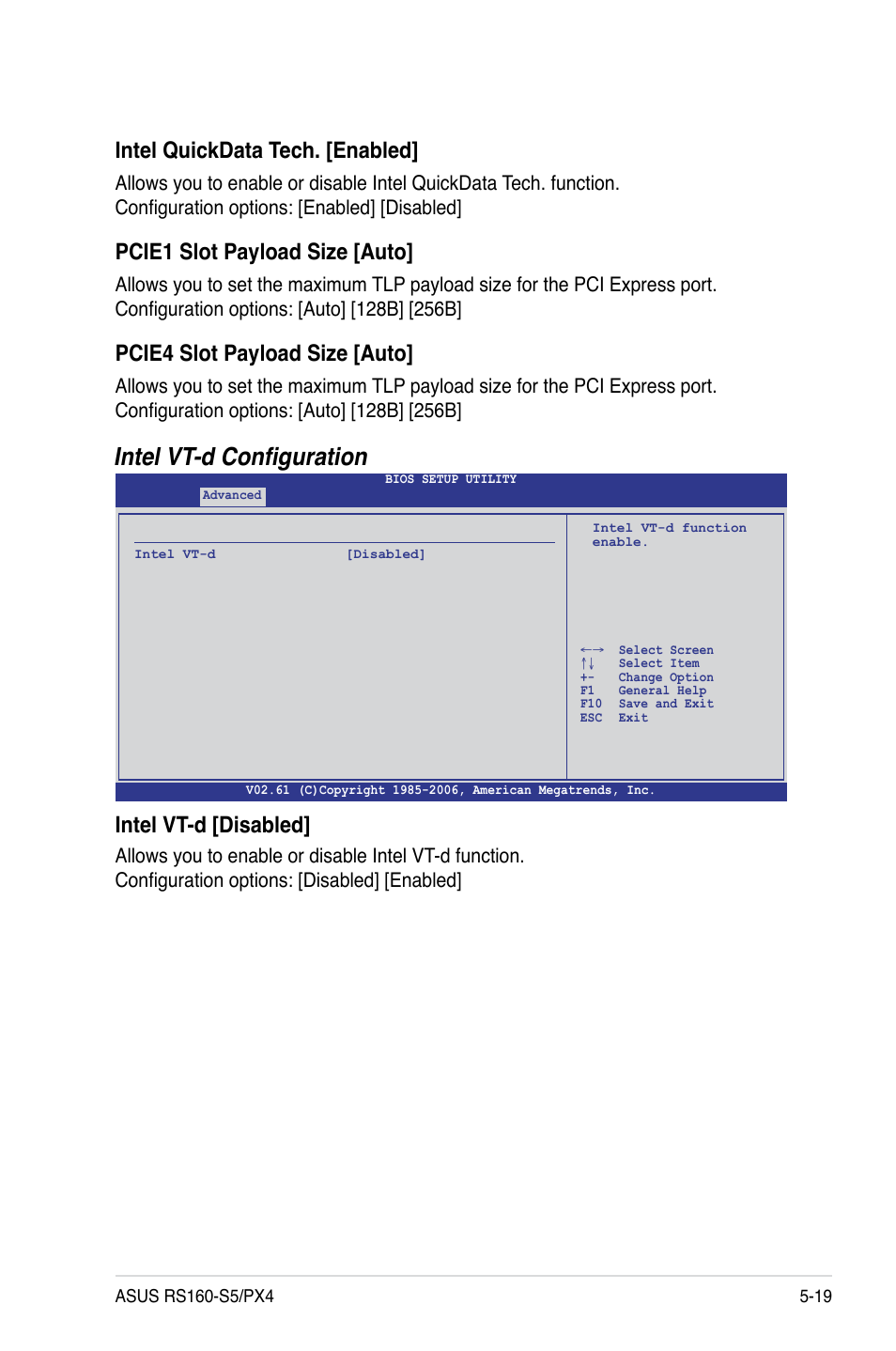 Intel vt-d configuration, Intel quickdata tech. [enabled, Pcie1 slot payload size [auto | Pcie4 slot payload size [auto, Intel vt-d [disabled | Asus RS160-S5 User Manual | Page 87 / 144