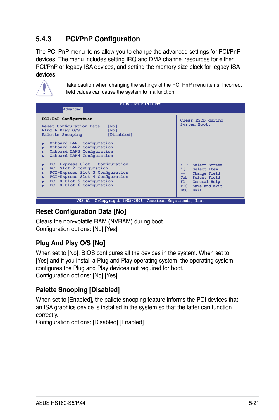 3 pci/pnp configuration, Pci/pnp configuration -21, Reset configuration data [no | Plug and play o/s [no, Palette snooping [disabled | Asus RS160-S5 User Manual | Page 89 / 144
