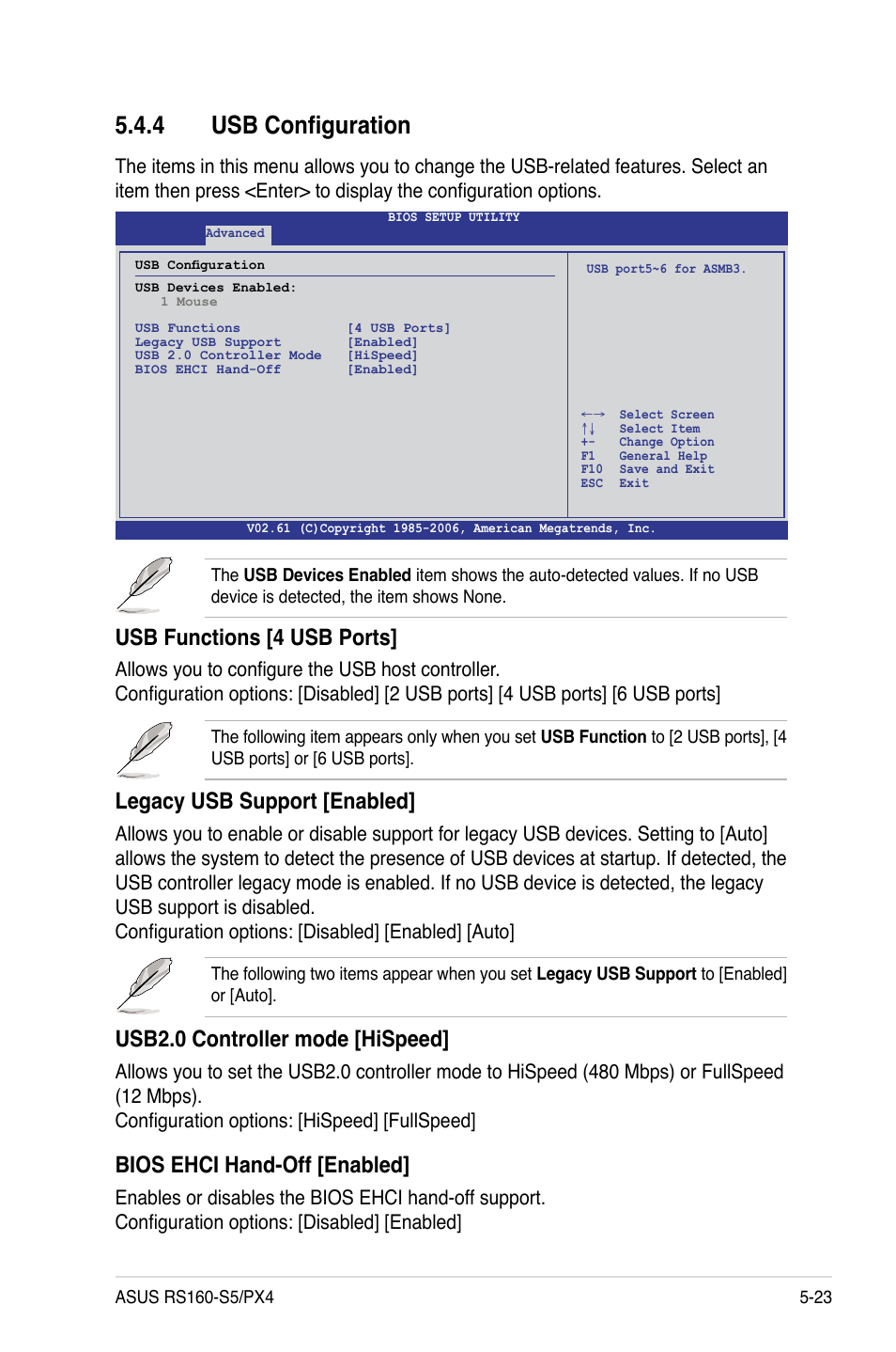 4 usb configuration, Usb configuration -23, Usb functions [4 usb ports | Legacy usb support [enabled, Usb2.0 controller mode [hispeed, Bios ehci hand-off [enabled | Asus RS160-S5 User Manual | Page 91 / 144