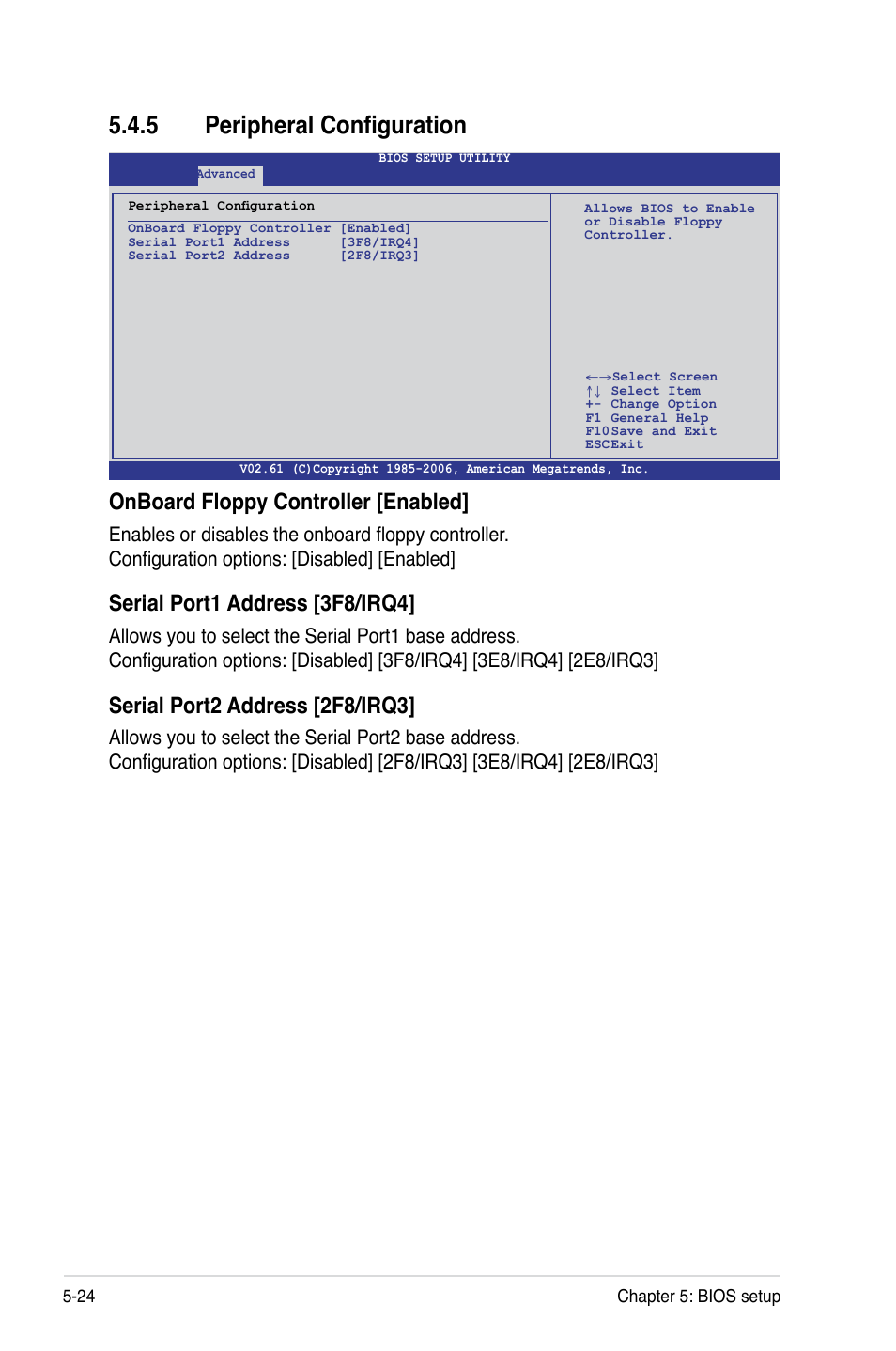 5 peripheral configuration, Peripheral configuration -24, Onboard floppy controller [enabled | Serial port1 address [3f8/irq4, Serial port2 address [2f8/irq3 | Asus RS160-S5 User Manual | Page 92 / 144