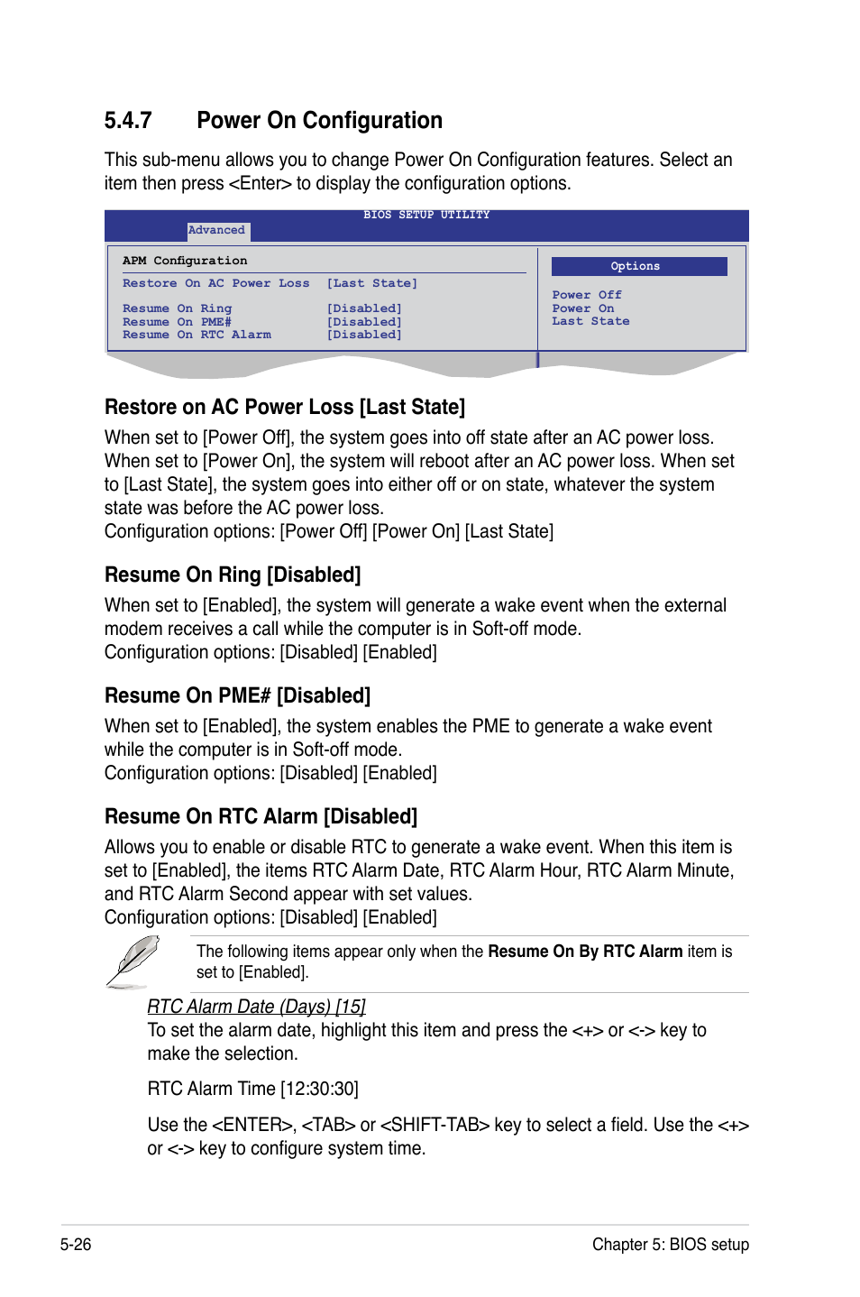 7 power on configuration, Power on configuration -26, Restore on ac power loss [last state | Resume on ring [disabled, Resume on pme# [disabled, Resume on rtc alarm [disabled | Asus RS160-S5 User Manual | Page 94 / 144