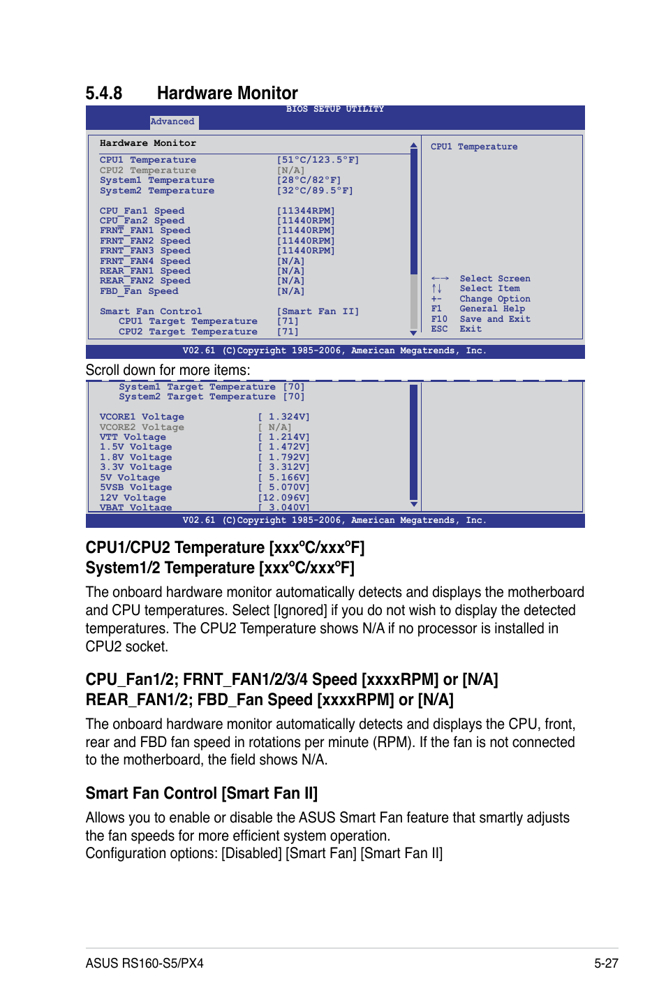 8 hardware monitor, Hardware monitor -27, Smart fan control [smart fan ii | Scroll down for more items | Asus RS160-S5 User Manual | Page 95 / 144