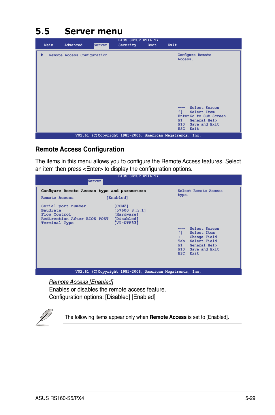 5 server menu, Server menu -29, Remote access configuration | Asus RS160-S5 User Manual | Page 97 / 144