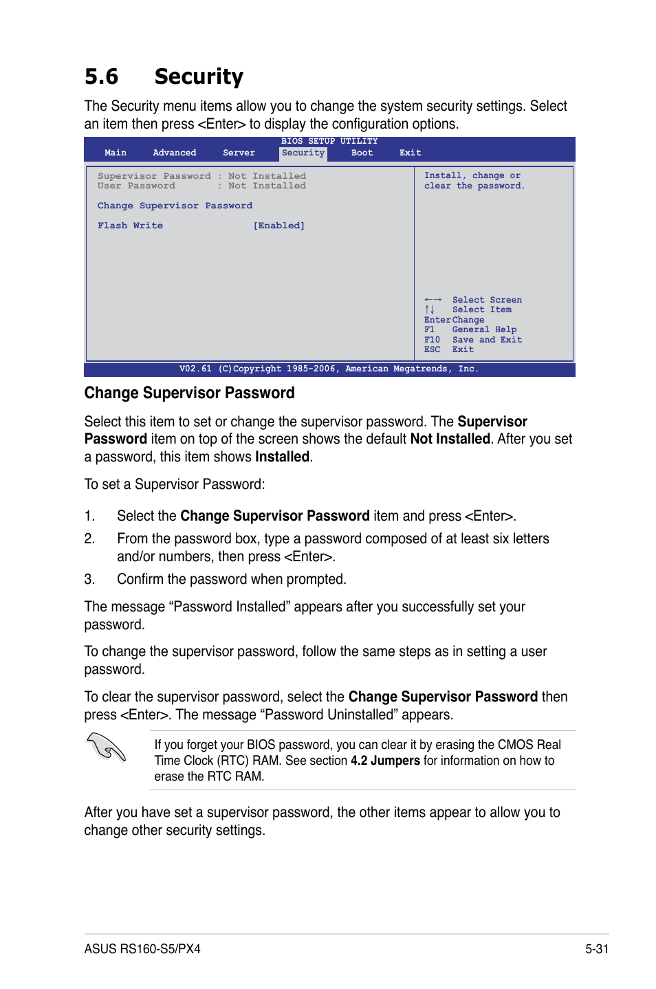 6 security, Security -31, Change supervisor password | Asus RS160-S5 User Manual | Page 99 / 144