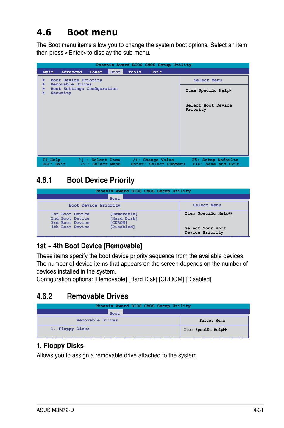 6 boot menu, 1 boot device priority, 2 removable drives | Boot menu -31 4.6.1, Boot device priority -31, Removable drives -31, 1st ~ 4th boot device [removable, Floppy disks | Asus M3N72-D User Manual | Page 103 / 174