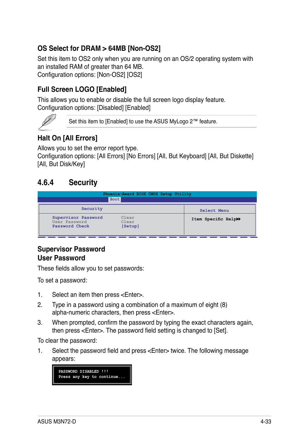 4 security, Security -33, Supervisor password user password | Os select for dram > 64mb [non-os2, Full screen logo [enabled, Halt on [all errors | Asus M3N72-D User Manual | Page 105 / 174