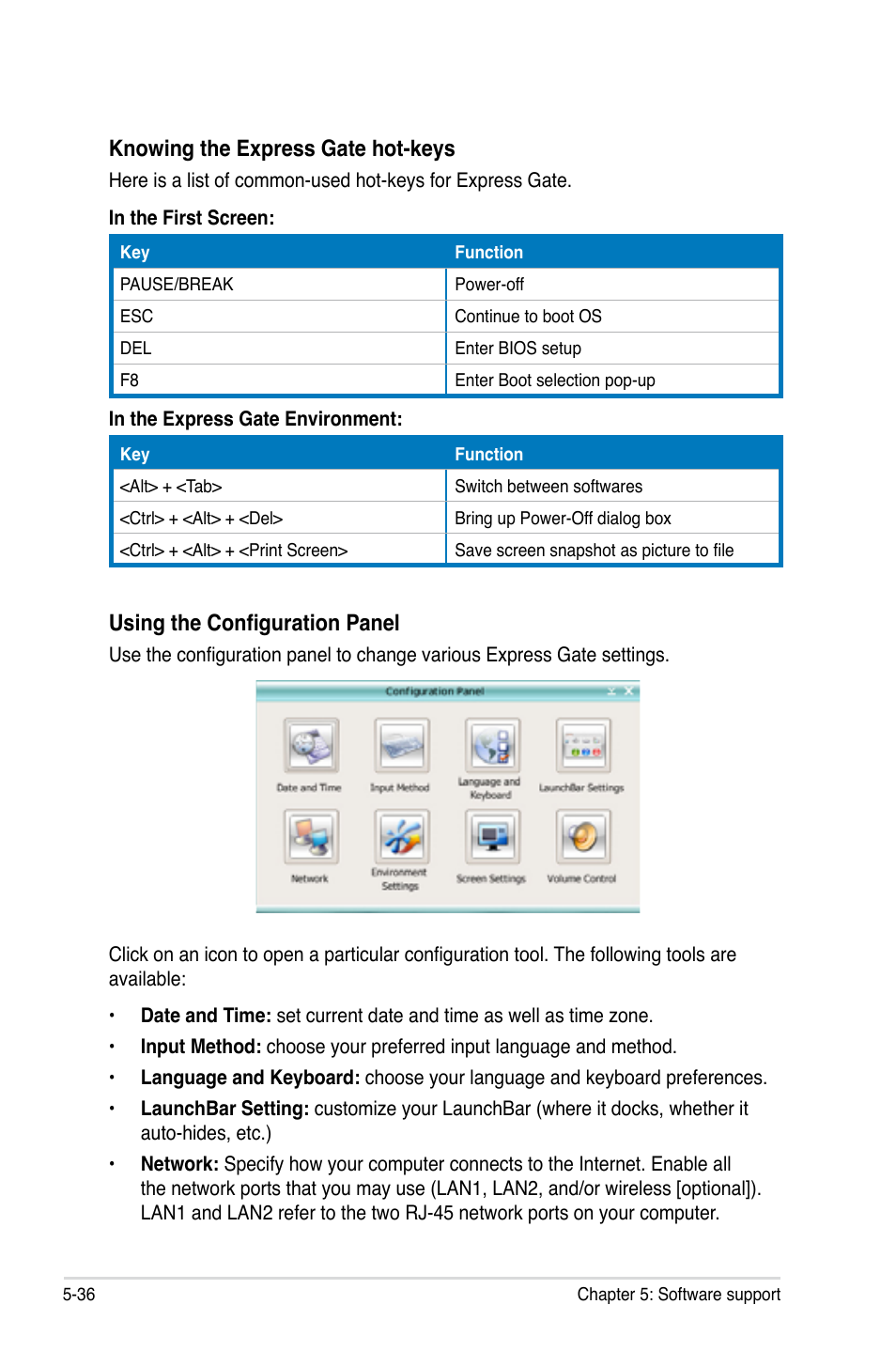 Using the configuration panel, Knowing the express gate hot-keys | Asus M3N72-D User Manual | Page 148 / 174