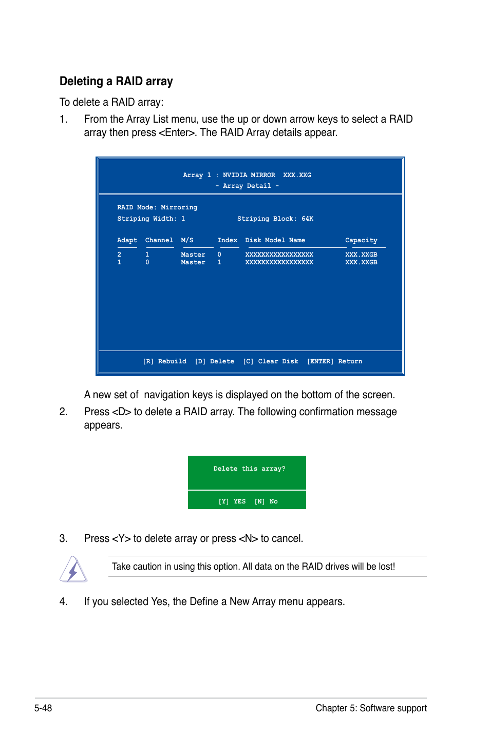 Deleting a raid array | Asus M3N72-D User Manual | Page 160 / 174