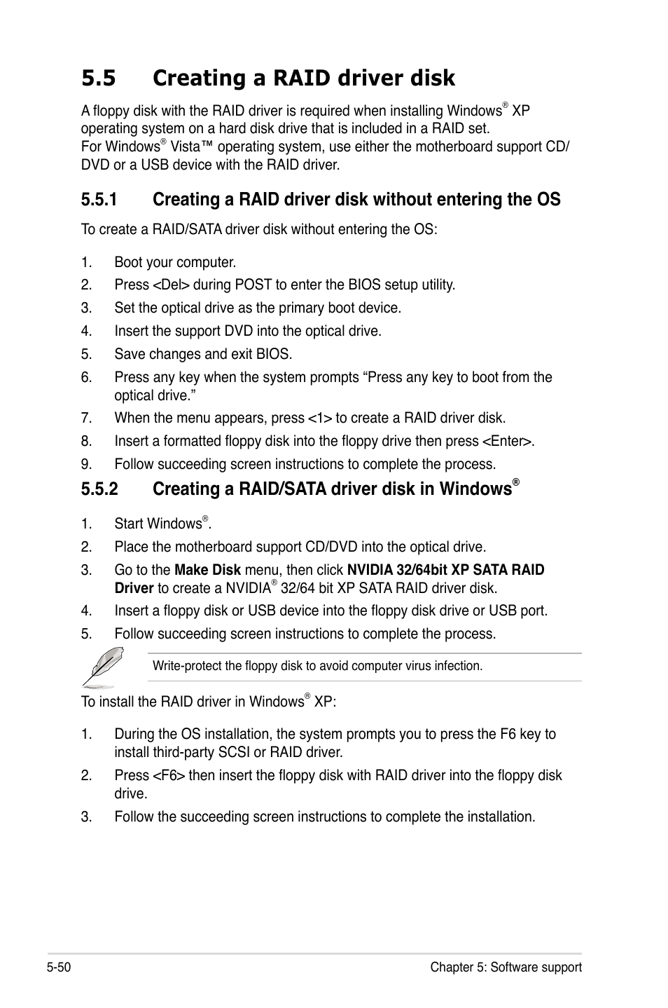 5 creating a raid driver disk, 2 creating a raid/sata driver disk in windows, Creating a raid driver disk -50 5.5.1 | Creating a raid/sata driver disk in windows | Asus M3N72-D User Manual | Page 162 / 174