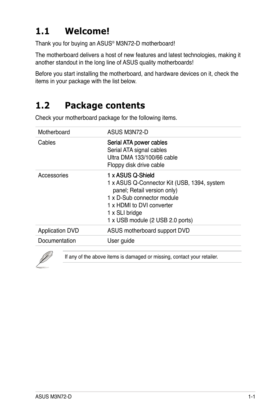 1 welcome, 2 package contents, Welcome! -1 | Package contents -1 | Asus M3N72-D User Manual | Page 17 / 174