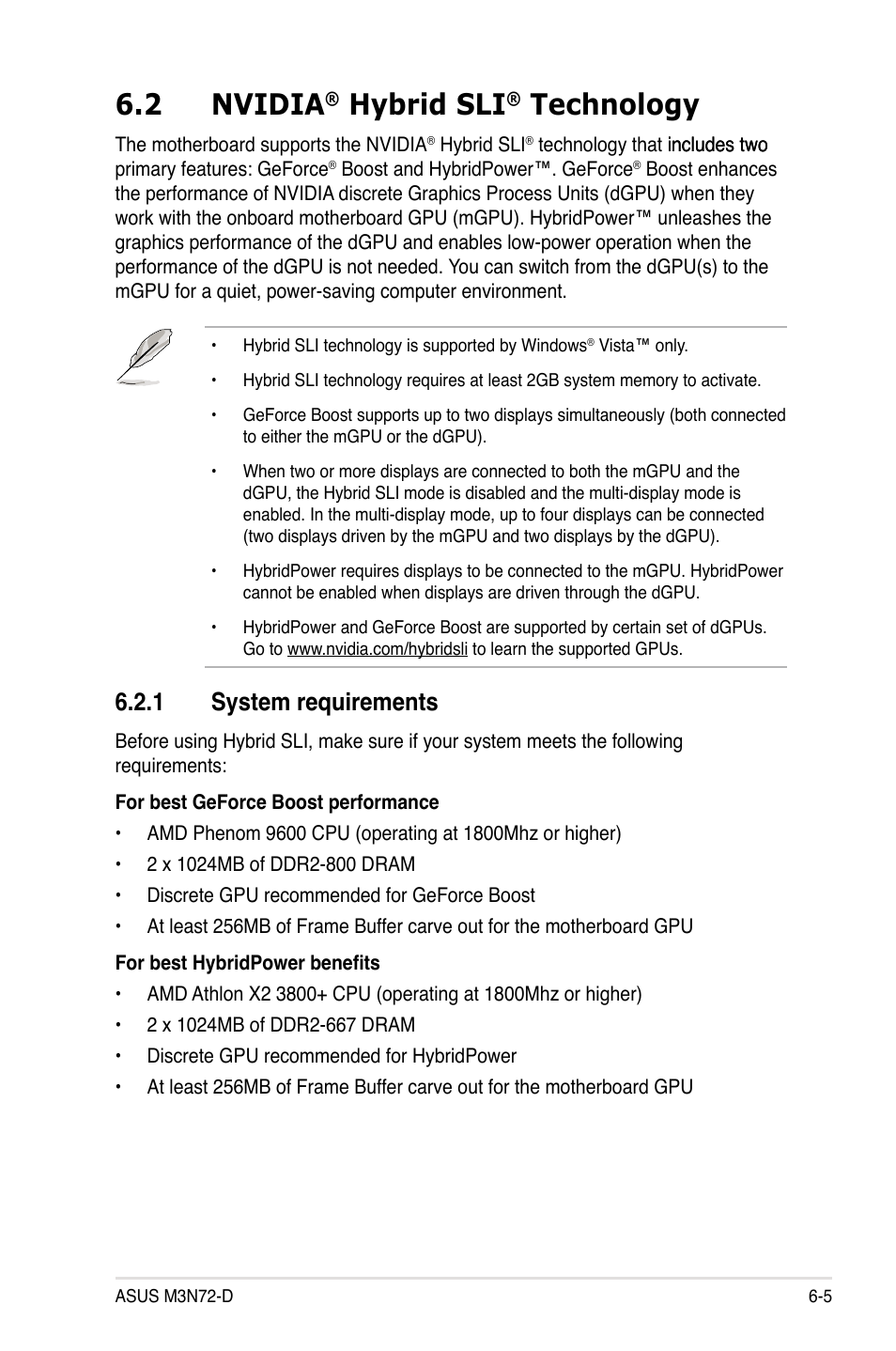 2 nvidia® hybrid sli® technology, 1 system requirements, Nvidia | Hybrid sli, Technology -5, System requirements -5, 2 nvidia, Technology | Asus M3N72-D User Manual | Page 171 / 174